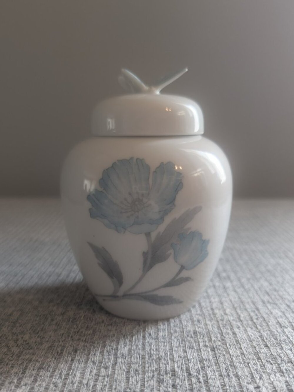 Ceramic Ginger Jar with Cornflower Theme and Butterfly Lid, EUC